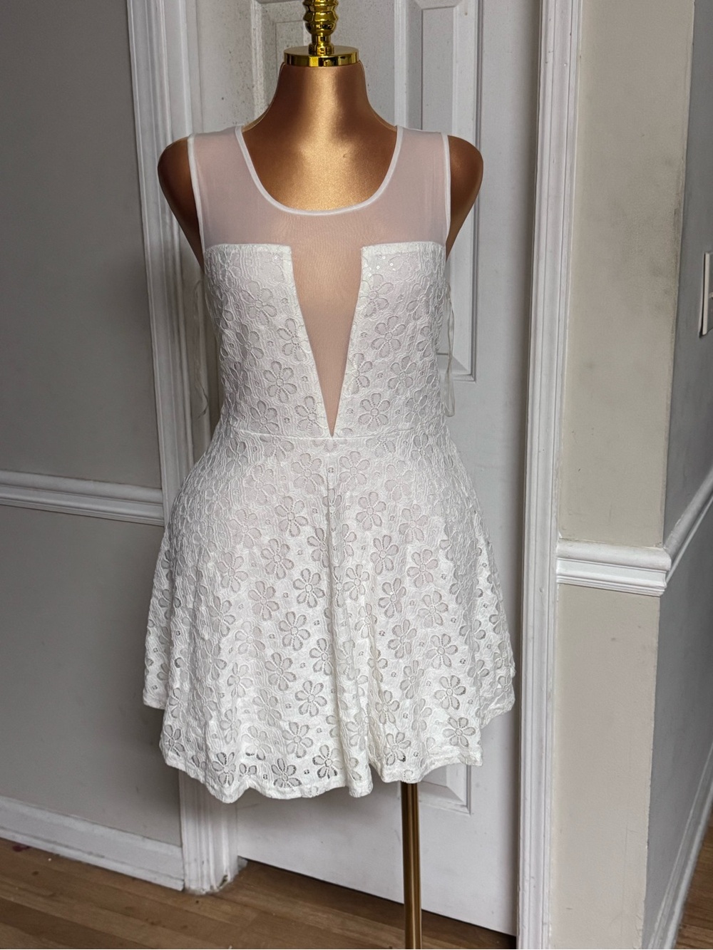 White Floral Eyelet Midi Dress with Illusion Neckline